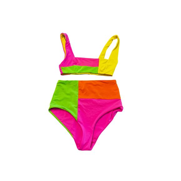 Mara Hoffman Colorblock Bikini High Waist Scoop Neck Top Retro Bathing Suit XS/S - Picture 1 of 4